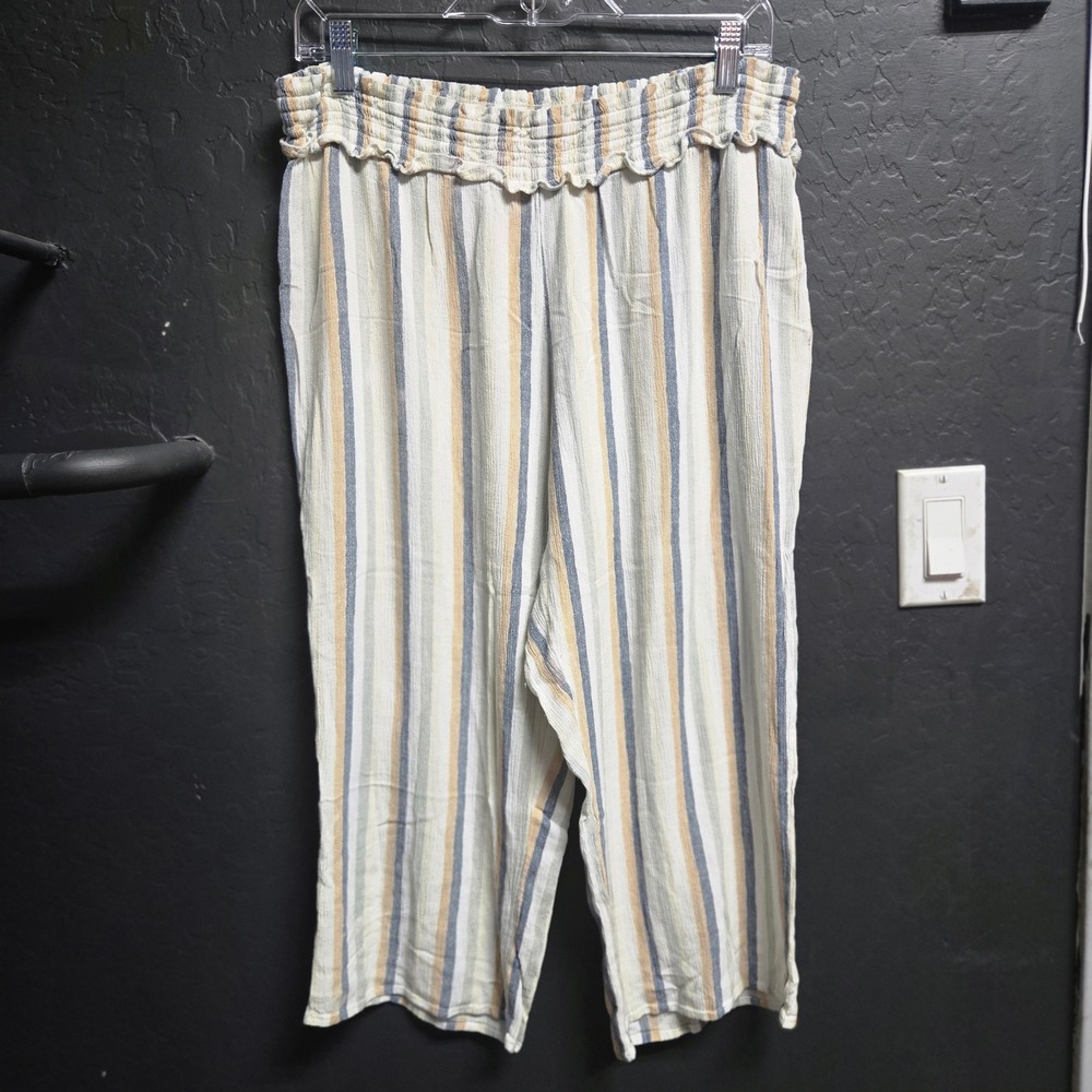 89th + Madison Striped Rayon Smocked Waist Crop Pants Blue Tan Cream XL‎